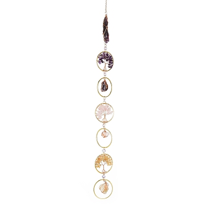 Flat Round with Tree of Life Natural Gemstone Chips Chandelier Hanging Suncatcher, with Iron Ring, for Car Window Home Garden Ornament