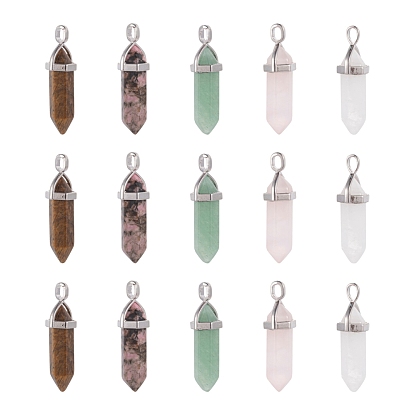 5Pcs 5 Style Natural Gemstone Pendants, with Platinum Brass Findings, Bullet
