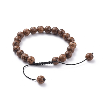 Adjustable Nylon Cord Braided Beaded Bracelets, with Wood Beads, Round