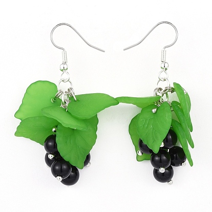 Acrylic Dangle Earrings, with Natural Black Agate and Brass Earring Hooks
