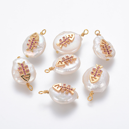 Natural Cultured Freshwater Pearl Pendants, with Brass Micro Pave Cubic Zirconia Findings, Nuggets with Fish Bone, Golden