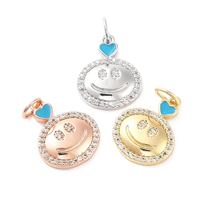 Brass Micro Pave Clear Cubic Zirconia Pendants, with Enamel, Cadmium Free & Lead Free, Flat Round with Smiling Face