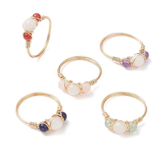 Natural Mixed Gemstone Round Beaded Finger Rings, Light Gold Copper Wire Wrapped Jewelry for Women