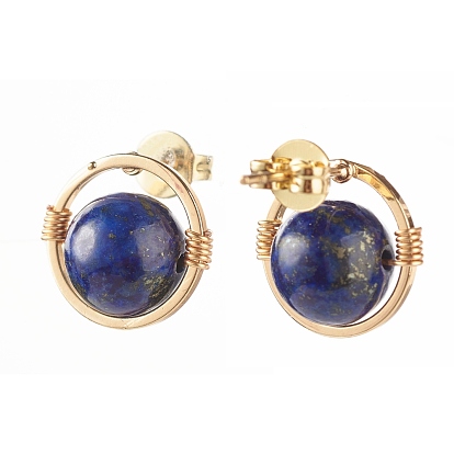 Mixed Gemstone Round Beads Stud Earrings for Girl Women, Wire Wrap Brass Earring, Golden
