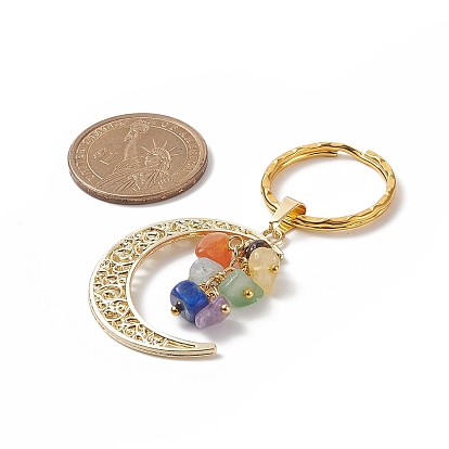 Natural Gemstone Chips & Alloy Moon Pendant Keychain, with Iron Keychain Clasp