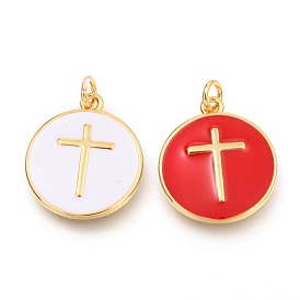 Brass Enamel Pendants, Long-Lasting Plated, Real 18K Gold Plated, with Jump Rings, Flat Round with Cross