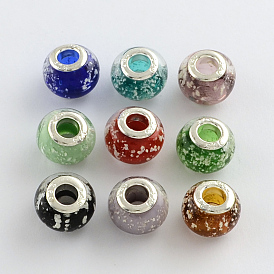 Rondelle Lampwork Large Hole European Beads, with Silver Color Plated Brass Cores, 13~14x10~11mm, Hole: 5mm