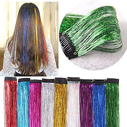 Colorful Laser Synthetic Hair Extensions with Shiny Gold Threads and Clips
