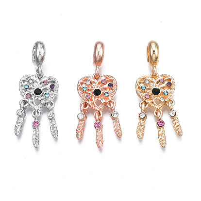 Rack Plating Alloy European Dangle Charms, with Colorful Rhinestone, Large Hole Pendants, Cadmium Free & Nickel Free & Lead Free, Woven Net/Web with Feather