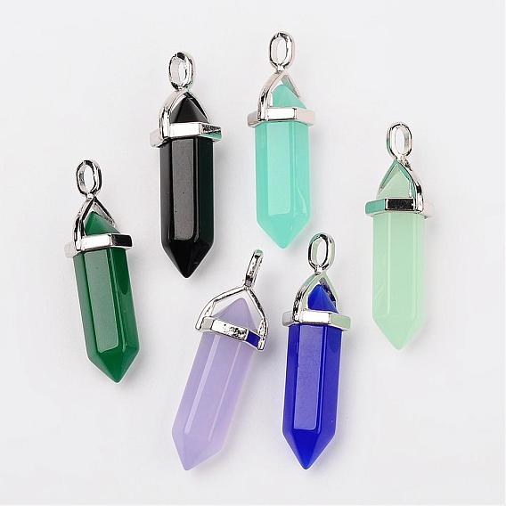Bullet Imitation Jade Glass Pointed Pendants, with Alloy Findings, 39x12mm, Hole: 3x4mm