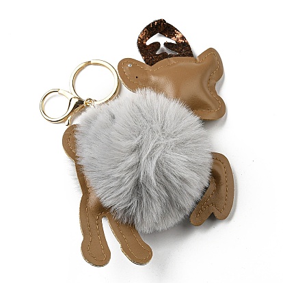 Porte-clés pendentif en imitation fourrure de lapin rex et cuir pu, renne de noël, avec fermoir en alliage, pour décoration de pendentif de voiture de sac