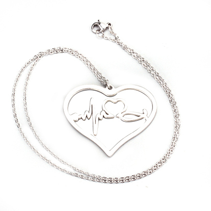 SHEGRACE Stainless Steel Pendant Necklaces, with Lobster Claw Clasps and Cable Chains, Heart with Heartbeat