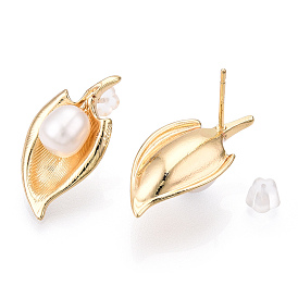 Natural Pearl Stud Earrings, Brass Leaf Earrings, Cadmium Free & Nickel Free & Lead Free