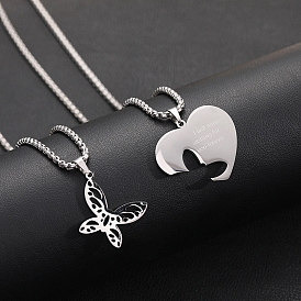 2Pcs 2 Style Word I Will Keep Waiting for You Forever Couple Necklaces Set, 304 Stainless Steel Matching Splite Heart & Butterfly Pendants Necklace for Bestfriends Lovers