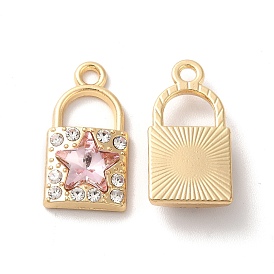 Pink Glass Pandants, with Rack Plating Alloy Findings and Rhinedstone, Nickel Free, Padlock with Star Charms