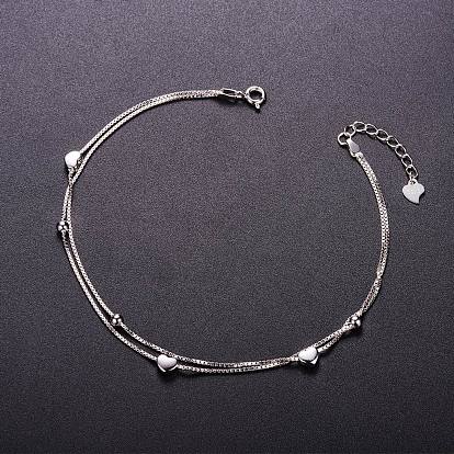 SHEGRACE 925 Sterling Silver 2-Layered Anklet, Hearts and Small Beads, Platinum, 210mm