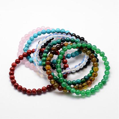 Natural & Syntetic Gemstone Beaded Stretch Bracelets, Round, 52mm