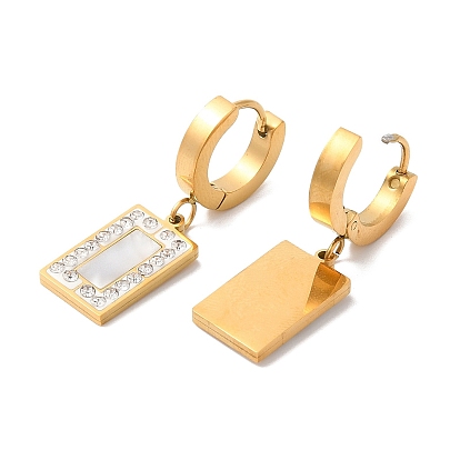 Synthetic White Shell Rectangle Dangle Earrings with Rhinestone, Ion Plating(IP) 304 Stainless Steel Jewelry for Women
