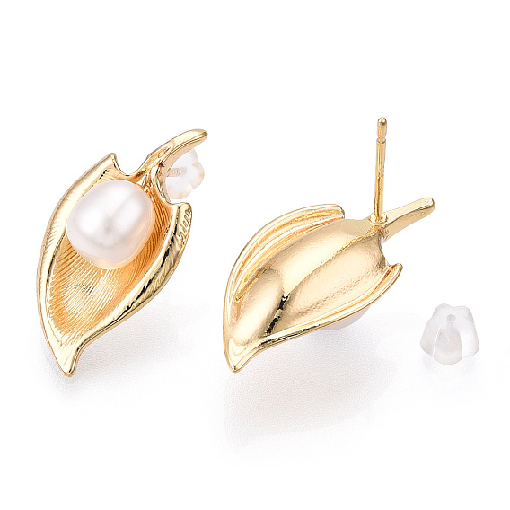 Natural Pearl Stud Earrings, Brass Leaf Earrings, Cadmium Free & Nickel Free & Lead Free