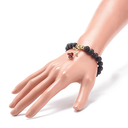 Natural Lava Rock & Synthetic Hematite Beaded Stretch Bracelet, Alloy Enamel Rose of Life Charm Bracelet for Women