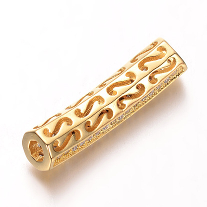 Brass Micro Pave Cubic Zirconia Tube Beads, Cadmium Free & Nickel Free & Lead Free, Clear, 27x6mm, Hole: 3mm