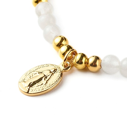 Round Natural White Jade Braided Bead Bracelet for Girl Women, Oval with Virgin Mary Brass Charm Bracelet, Golden