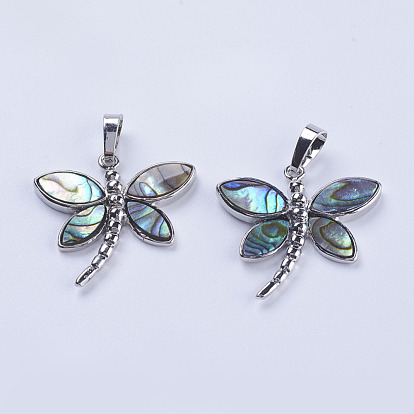 Abalone Shell/Paua Shell Pendants, with Platinum Tone Brass Bail, Dragonfly