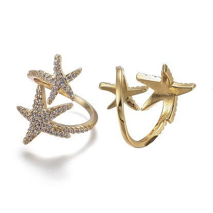 Adjustable Brass Micro Pave Clear Cubic Zirconia Cuff Rings, Open Rings, Wide Band Rings, Long-Lasting Plated, Starfish