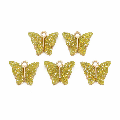 Resin Pendants, with Glitter Powder and Light Gold Plated Alloy Findings, Cadmium Free & Lead Free, Butterfly,