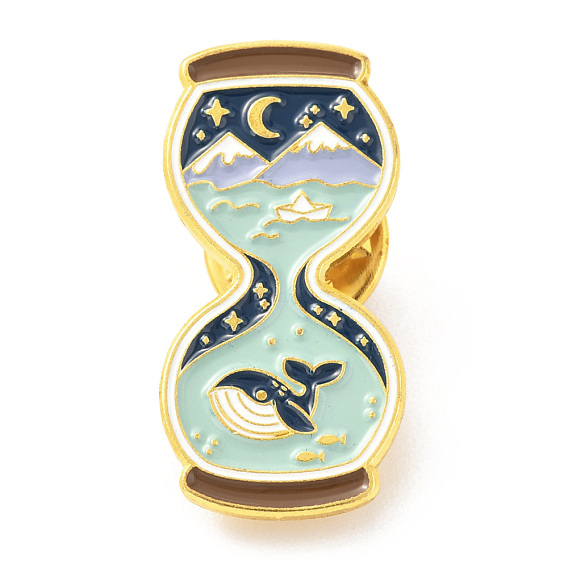 Alloy Enamel Brooches, Enamel Pin, with Butterfly Clutches, Sand Clock with Whale, Golden