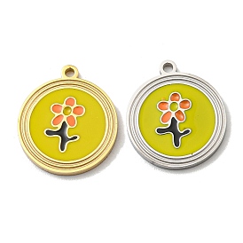 304 Stainless Steel Pendants, with Enamel, Flat Round with Flower Charm