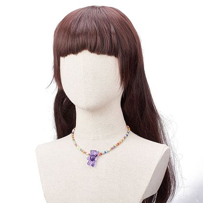 Acrylic Bear & Glass Seed Beaded Necklace for Women