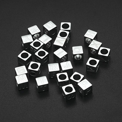 201 Stainless Steel European Beads, Large Hole Beads, Horizontal Hole, Cube with Letter