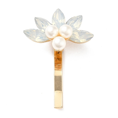 Glass & ABS Plastic Imitation Pearl Hair Findings, Pony Hook, with Alloy Findings, Flower