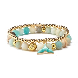 Ensemble de bracelets extensibles avec perles rondes en amazonite naturelle, pierre de lave et hématite synthétique, bracelets en pierre, bracelets à breloques queue de baleine pour femmes