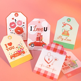 6 styles étiquettes-cadeaux en papier sur le thème de la Saint-Valentin, étiquettes de suspension, avec corde en coton, pour le mariage, coeur & fleur & mot & lèvre rouge, Lock & Key, motifs mixtes