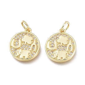 Brass Micro Pave Clear Cubic Zirconia Charms, with Jump Ring, Long-Lasting Plated, Flat Round with Elephant