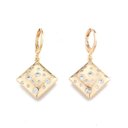 Clear Cubic Zirconia Rhombus Dangle Leverback Earrings, Brass Jewelry for Women, Cadmium Free & Nickel Free & Lead Free
