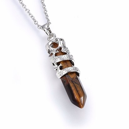 Mixed Gemstone Pendant Necklaces, with 304 Stainless Steel Cable Chains, Bullet with Dragon
