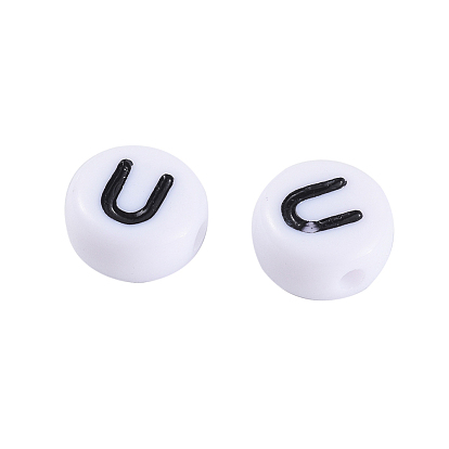 Perles acryliques opaques, trou horizontal, plat rond avec la lettre, noir