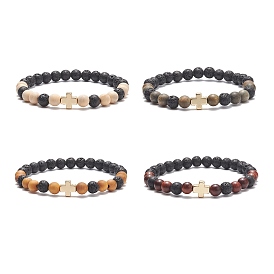 4Pcs 4 Color Natural Wood & Lava Rock & Alloy Corss Beaded Stretch Bracelets Set, Essential Oil Gemstone Jewelry for Women