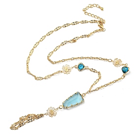 Faceted Rectangle Glass Pendant Necklaces, Brass Chain Neckalces