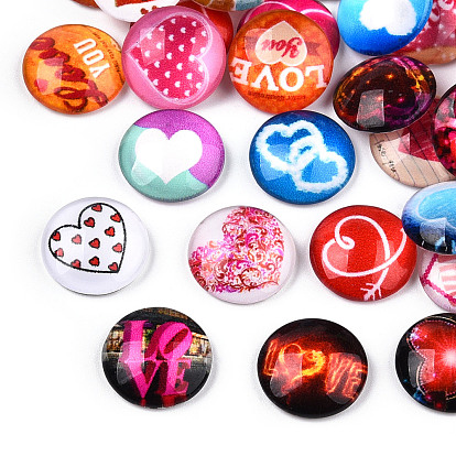 Valentine's Day Theme Flatback Glass Cabochons, Half Round/Dome with Heart & Word Love