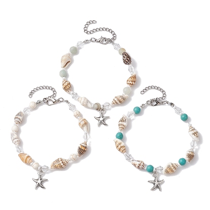 3Pcs 3 Style Alloy Starfish Charm Bracelets Set, with Natural & Synthetic Mixed Gemstone & Shell Beaded