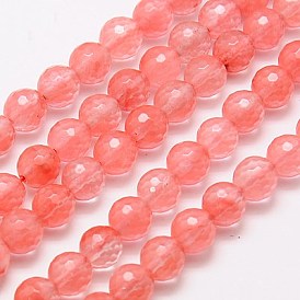 Perles de verre de quartz cerise brins, à facettes (128 facettes), ronde