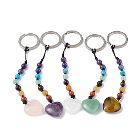 7 porte-clés perles de pierres précieuses chakra, porte-clés breloque coeur pour femmes hommes breloques de sac de voiture suspendus