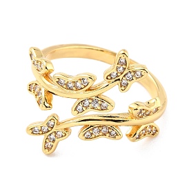 Brass Micro Pave Cubic Zirconia Cuff Ring, Long-Lasting Plated, Butterfly