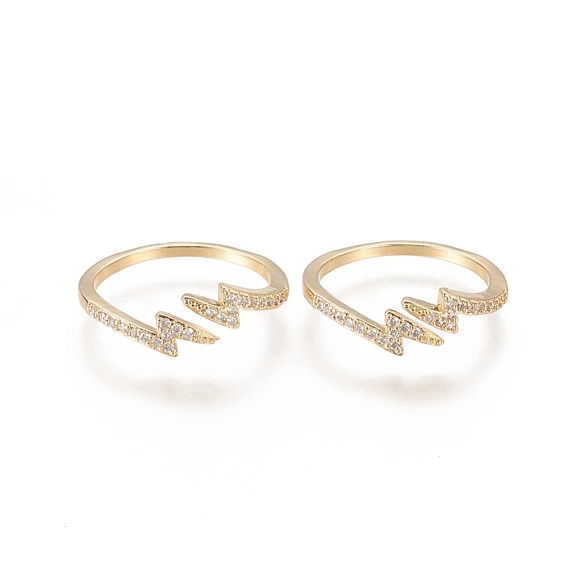 Brass Micro Pave Clear Cubic Zirconia Cuff Rings, Open Rings, Long-Lasting Plated, Lightning Bolt