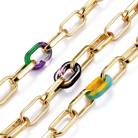Handmade Brass Paperclip Chains, Drawn Elongated Cable Chains, with Acrylic Quick Link Connector, Soldered, Real 18K Gold Plated