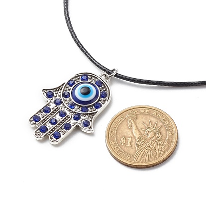 Aquamarine Rhinestone Hamsa Hand with Resin Evil Eye Pendant Necklace for Women